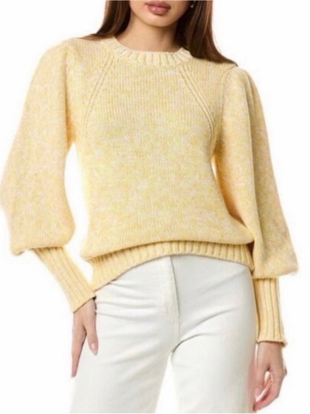 NWT Tahari Yellow Marled Crewneck Knit Sweater Long Puff Sleeves Size Medium